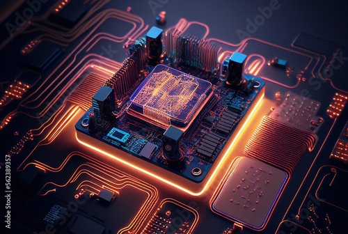 Electronic circuit board with processor. Generative AI