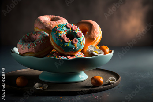 doughnuts on white background, perfect for advertising, packaging, menus, cookbooks. Highlighting texture & details, shot from above, high-res suitable for printing, posters, banners & more photo