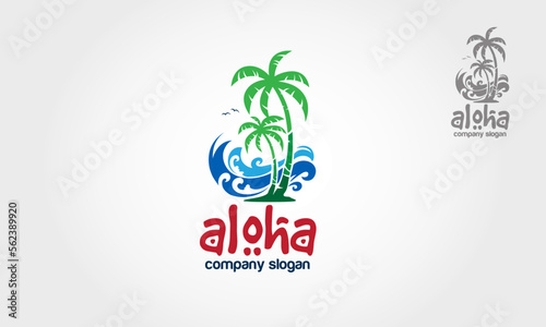 Aloha Vector Logo Template. Water ocean waves with Palm concept for beach Bar and Restaurant.