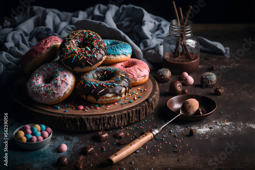 doughnuts on white background, perfect for advertising, packaging, menus, cookbooks. Highlighting texture & details, shot from above, high-res suitable for printing, posters, banners & more photo