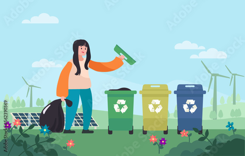 Volunteer activity, garbage collection to save the world concept, vector illustration. Volunteers of young people with  garbage bags. volunteering working and environmental cleanup