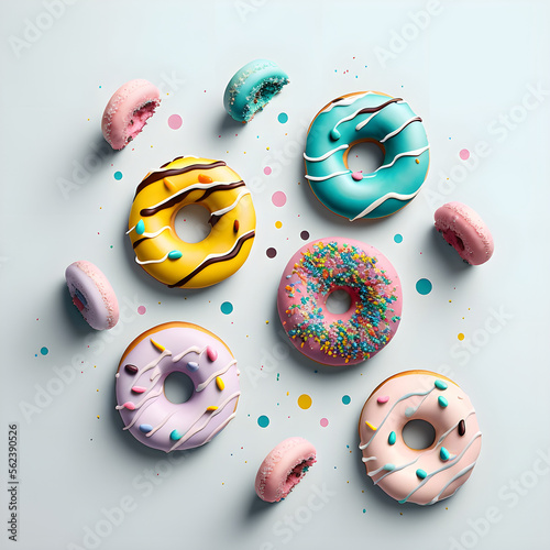 doughnuts on white background, perfect for advertising, packaging, menus, cookbooks. Highlighting texture & details, shot from above, high-res suitable for printing, posters, banners & more photo