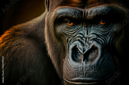 closeup portrait of the face of a gorilla, very expressive leader of the pack, generative ai