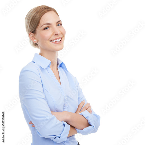 Business, portrait and woman arms crossed, happiness and consultant isolated on white studio background. Finance, financial adviser and accountant with new portfolio, trading success and leadership