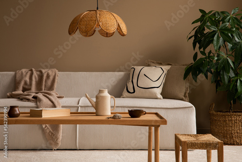 Warm and cozy living room interior with beige modular sofa  patterned pillow  brown plaid  wooden coffee table  books  stool  pitcher and personal accessories. Home decor. Template.