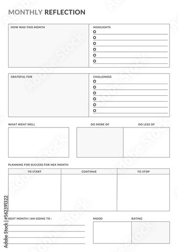 Elegant Monthly Reflection Template Sheet, Digital Planner Template Sheet. Modern Planner Page Template
