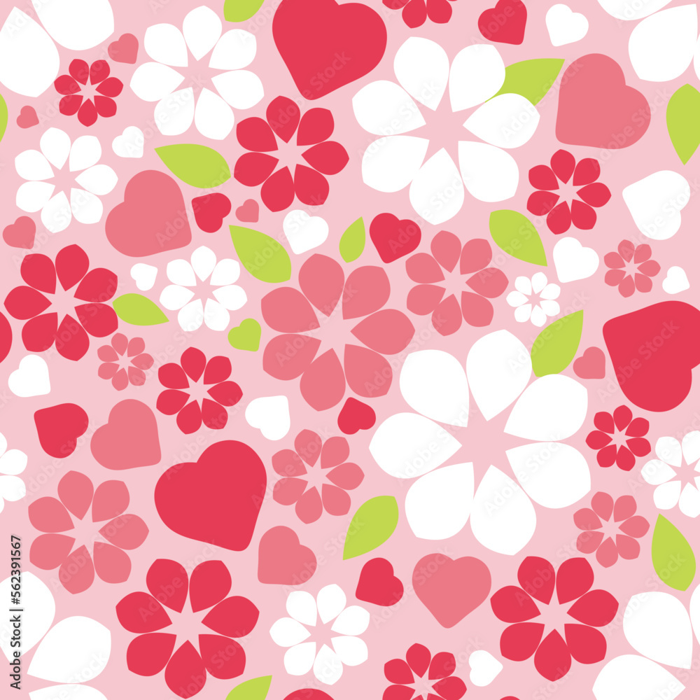 Seamless pattern with hearts and flowers in minimalist flat style. Beautiful background for Valentine's Day, Women's Day, March 8, wedding, Mother's day.