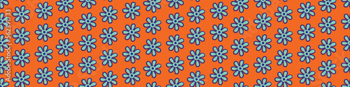 Wildflower seamless vector seamless border. Tropical neon orange blue naive meadow flowers banner. Hand drawn line art outline botanical design. Garden flower cottagecore aesthetic for packaging