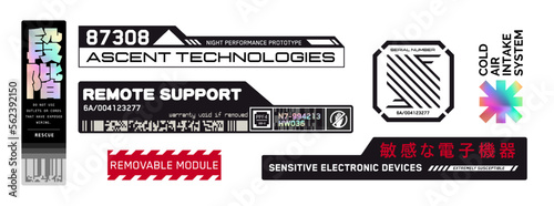 Cyberpunk stickers. Science fiction decals for futuristic design. Inscriptions and symbols. Japanese hieroglyphs for sensitive electronic devices, step.