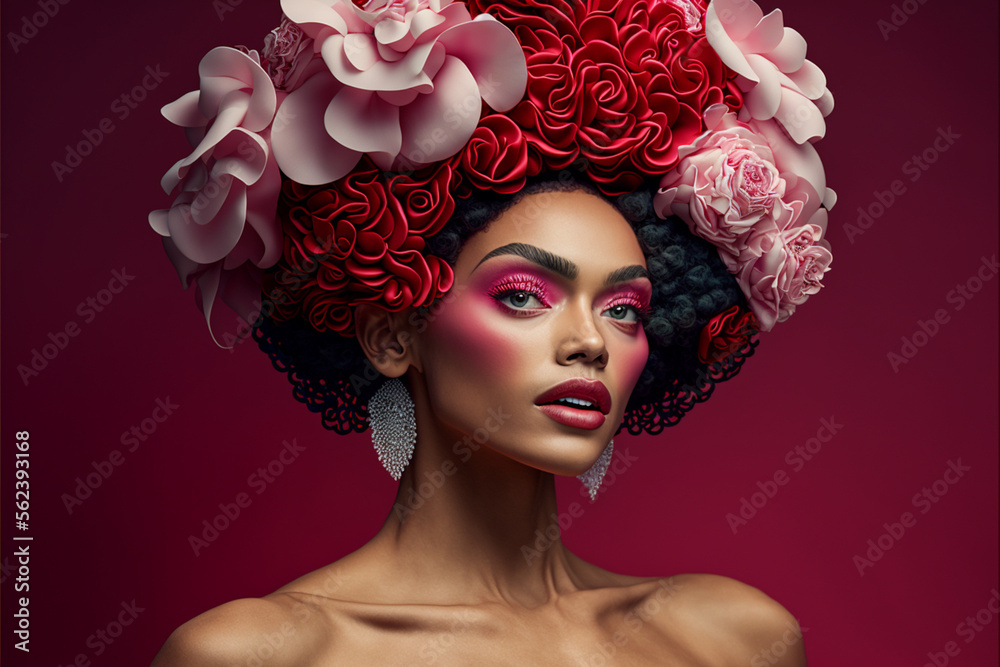 fotografia de revista de moda, visão de  uma majestosa mulher morena usando um capacete de rosas extravagante de alta moda