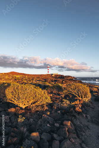 Lighthouse with a rocky landscape and the coast on a sunny evening in Palm-Ar, Tenerife.