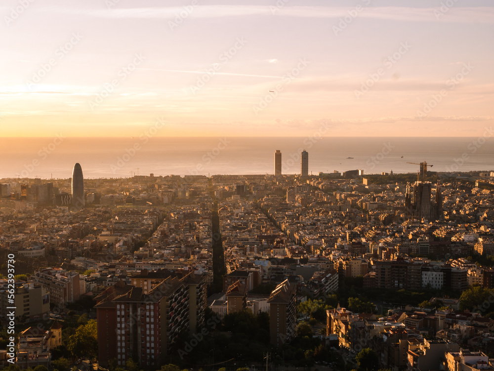 View of the city of Barcelona from The Bunkers during sunrise.