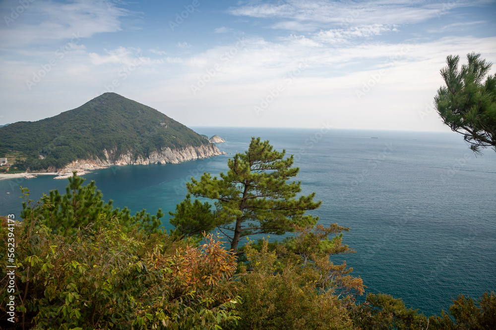 The beautiful scenery of Sinseondae in Geoje. The amazing appearance of the South Sea in Korea. Landscape photo. Sea, sky, and pine trees.
