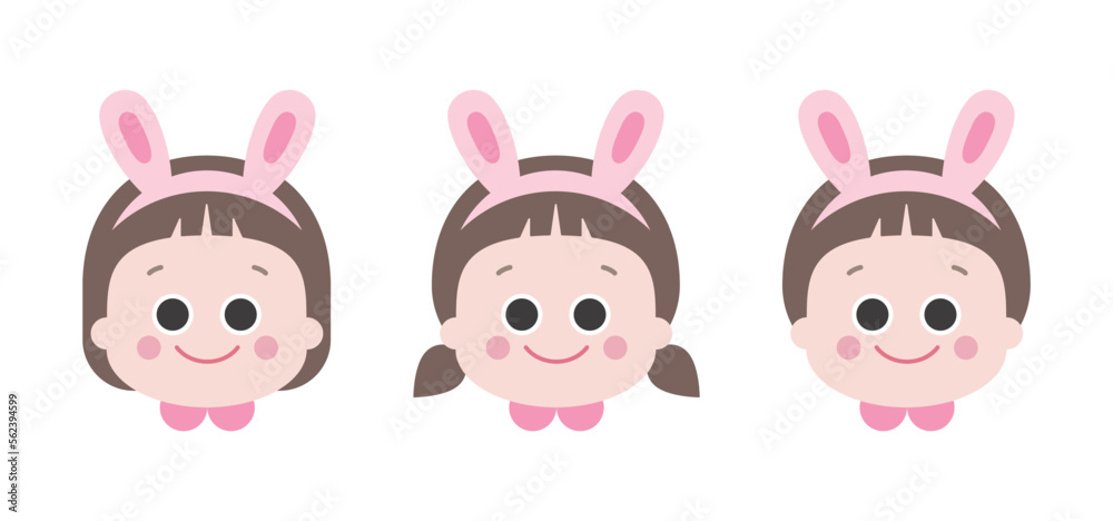 Set of cute children girl and boy face illustrations in 2023 wearing pink bunny headbands. Set of cute children girl and boy face illustrations in 2023 wearing pink bunny headbands.