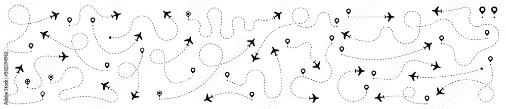 Airplane routes set. Plane route line. Planes dotted flight pathway. Plane paths. Aircraft tracking, planes, travel, map pins, location pins. Romantic travel, heart dashed line trace and plane routes.