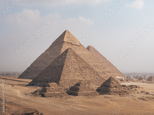 View of the pyramids in Giza  Cairo  Egypt from the desert side.