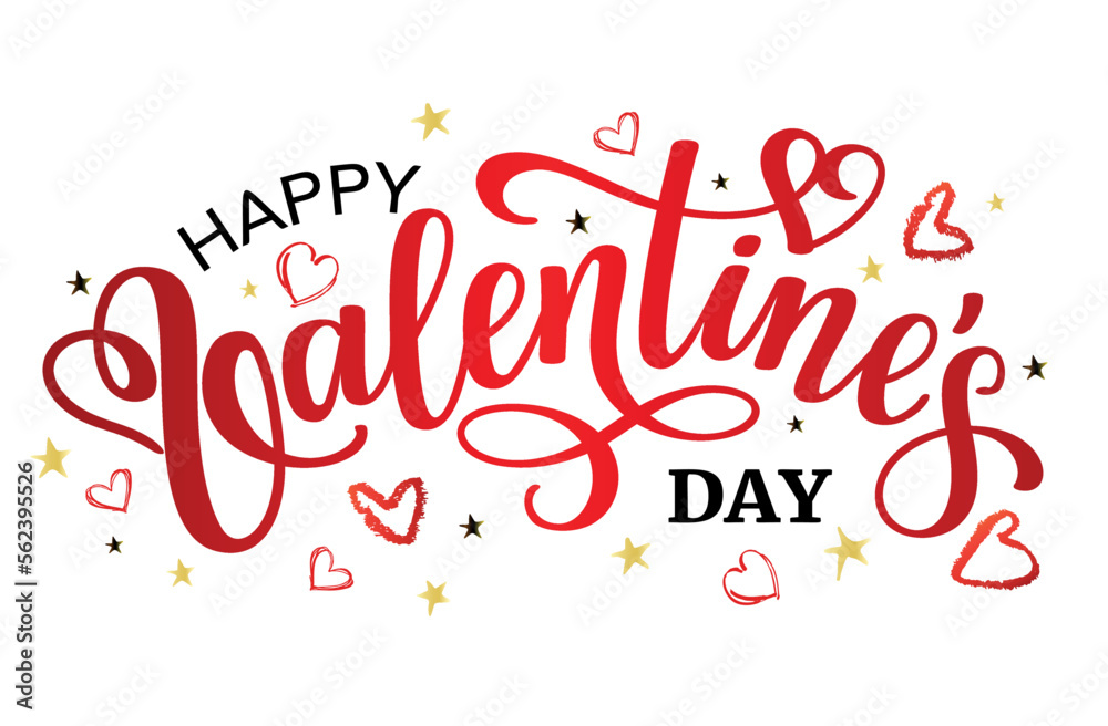 Happy Valentines Day red lettering design with hearts. Valentine calligraphy and heart in line on white background. Vector illustration. Happy Valentines Day red lettering design with hearts. Valentine calligraphy and heart in line on white background. Vector illustration.