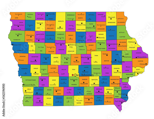 Obraz na płótnie Colorful Iowa political map with clearly labeled, separated layers
