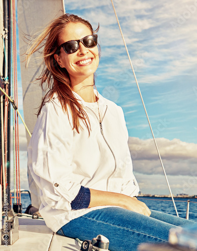 Mature, happy woman or yacht sunglasses on ocean, sea or water lake for relax holiday, vacation or Greece summer Smile, tourist or luxury sailing boat for retirement freedom or nature travel location