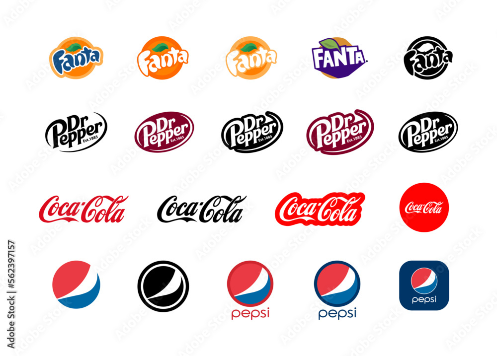 Vecteur Stock Drink brands. Fanta, Pepsi, Coca Cola, Dr Pepper. Factory of  fast food, sweets, chips, soda, juices. Editorial | Adobe Stock