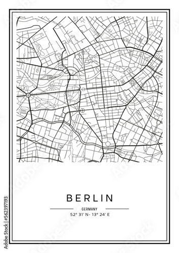 Black and white printable Berlin city map, poster design, vector illistration.