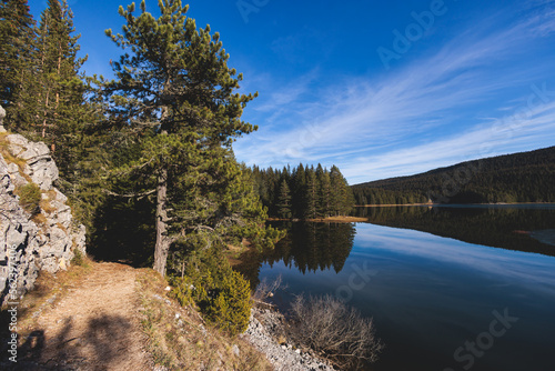 Fototapeta Naklejka Na Ścianę i Meble -  Beautiful view of Black lake, Crno Jezero in Durmitor National Park, Zabljak, northern Montenegro, landscape in a sunny day with blue sky, with glacial lake, forest hiking trail and mountain peaks
