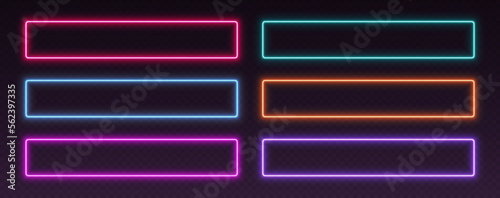 Neon frames, rectangular glowing borders set, colorful futuristic UI design elements. Vector illustration.