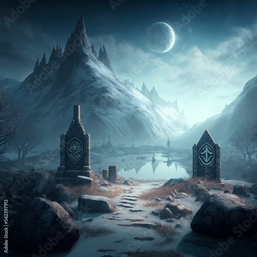 Mysterious symbols on an ancient monument in the snowy mountains. High quality illustration