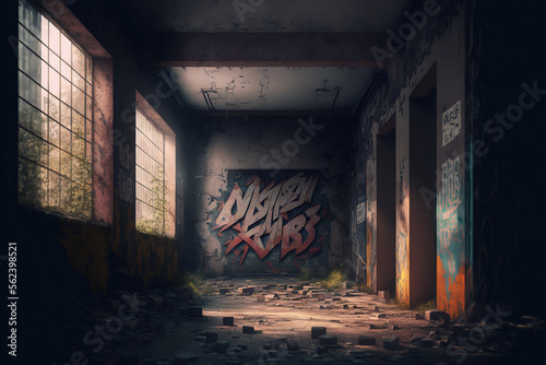 Fototapeta View of destroyed wall with graffiti in abandoned building, Generative Ai