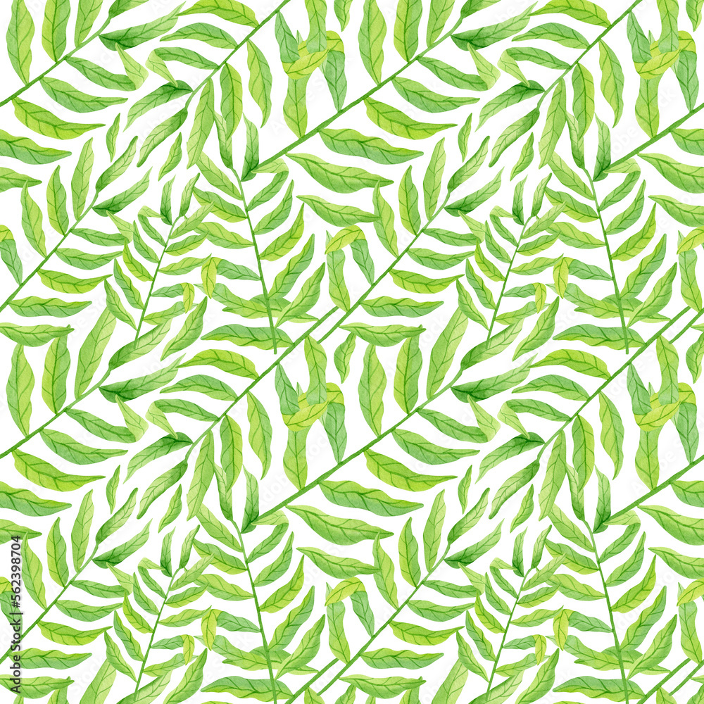Watercolor green tropical leaves seamless pattern isolated on white background. Simple jungle illustration.