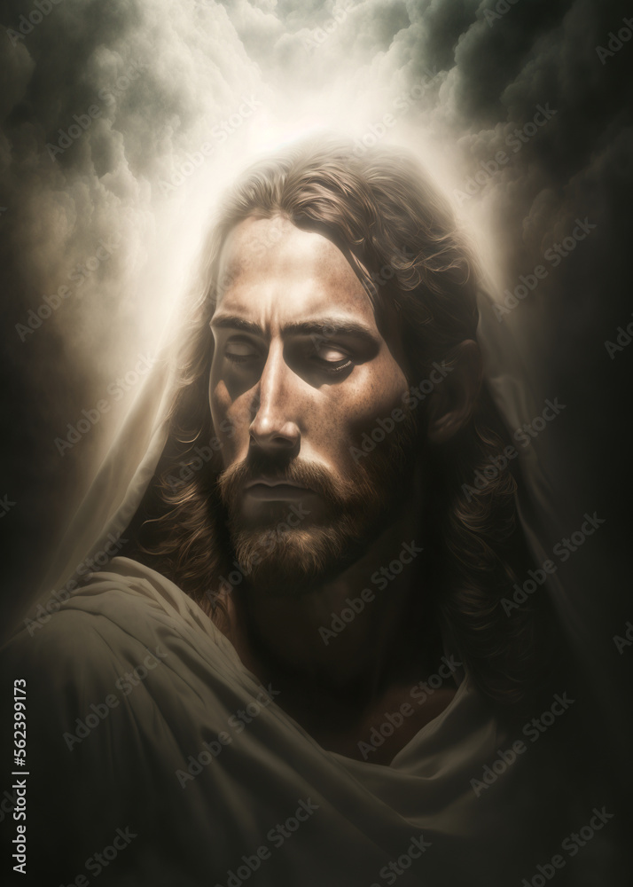 Jesus Christ in Heaven surrounded by clouds and light portrait. Ascension of Christ. Son of God our Lord saviour. AI Generative Jesus Christ in Heaven surrounded by clouds and light portrait. Ascension of Christ. Son of God our Lord saviour. AI Generative