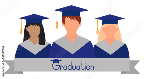 Female graduate students  in gown and graduation cap. Graduation ceremony. Vector illustration