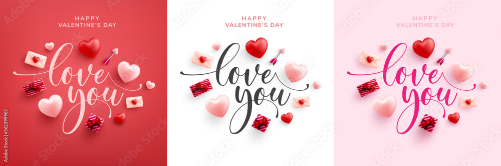 Love word hand drawn lettering and calligraphy with cute heart on red,white and pink background.Valentine's day template or background for Love and Valentine's day concept