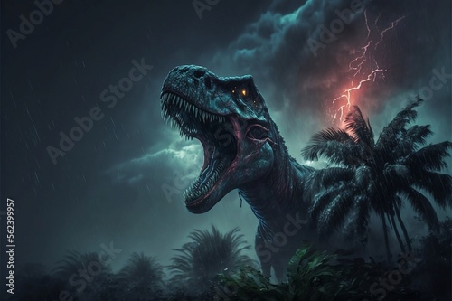 Tyrannosaurus rex dinosaur in a stormy night, tropical forest in the background © Tharindu