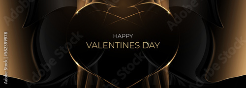 Happy Valentines Day black and gold luxury banner with abstract golden heart, bow, lines and sparkles. Horizontal holidays vector background, festive poster, cover, luxury banner or website header.