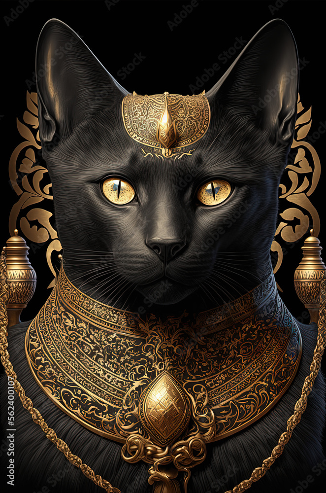 Portrait of an ancient Egyptian black cat with golden ornaments