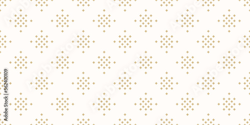 Golden vector seamless pattern with small diamonds, stars, rhombuses, dots. Abstract white and gold geometric texture. Simple minimal elegant background. Luxury repeat geo design for decor, wallpapers
