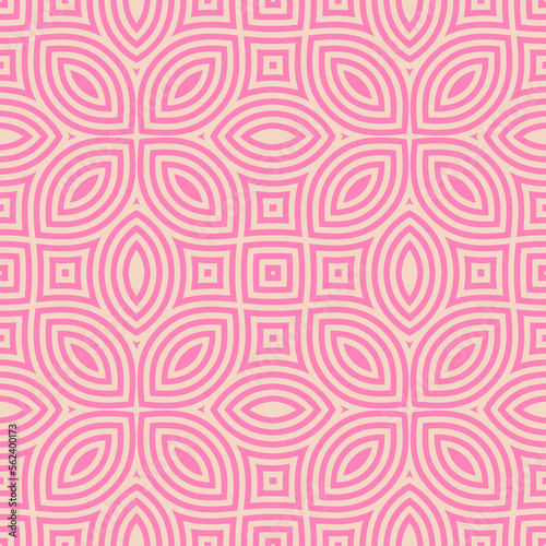 Vector seamless pattern with curved shapes, leaves, petals. Retro style abstract floral geometric ornament texture. Pink and beige background. Simple vintage geo pattern. Repeat decorative design