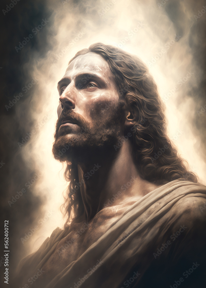 Jesus Christ in Heaven surrounded by clouds and light portrait ...