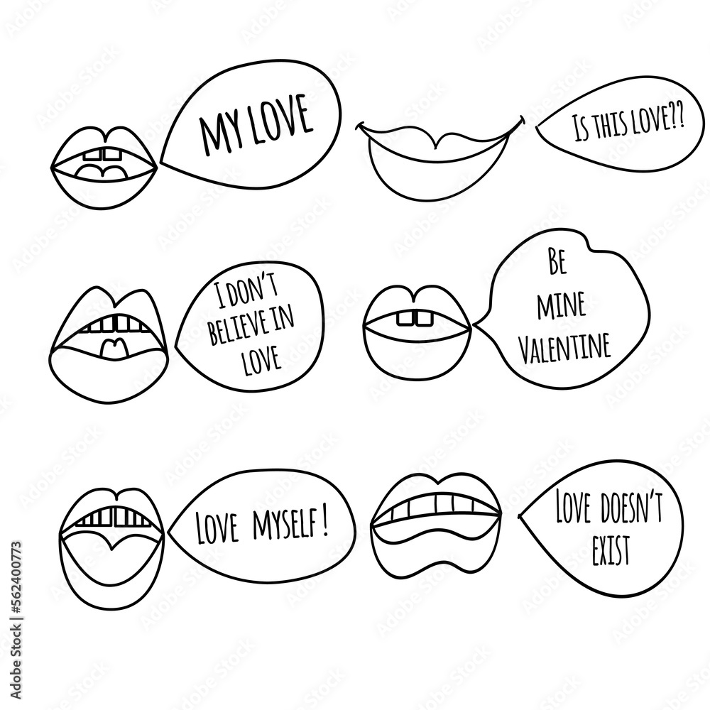 Valentine's day concept. Lips with speaking blobs and words about love.