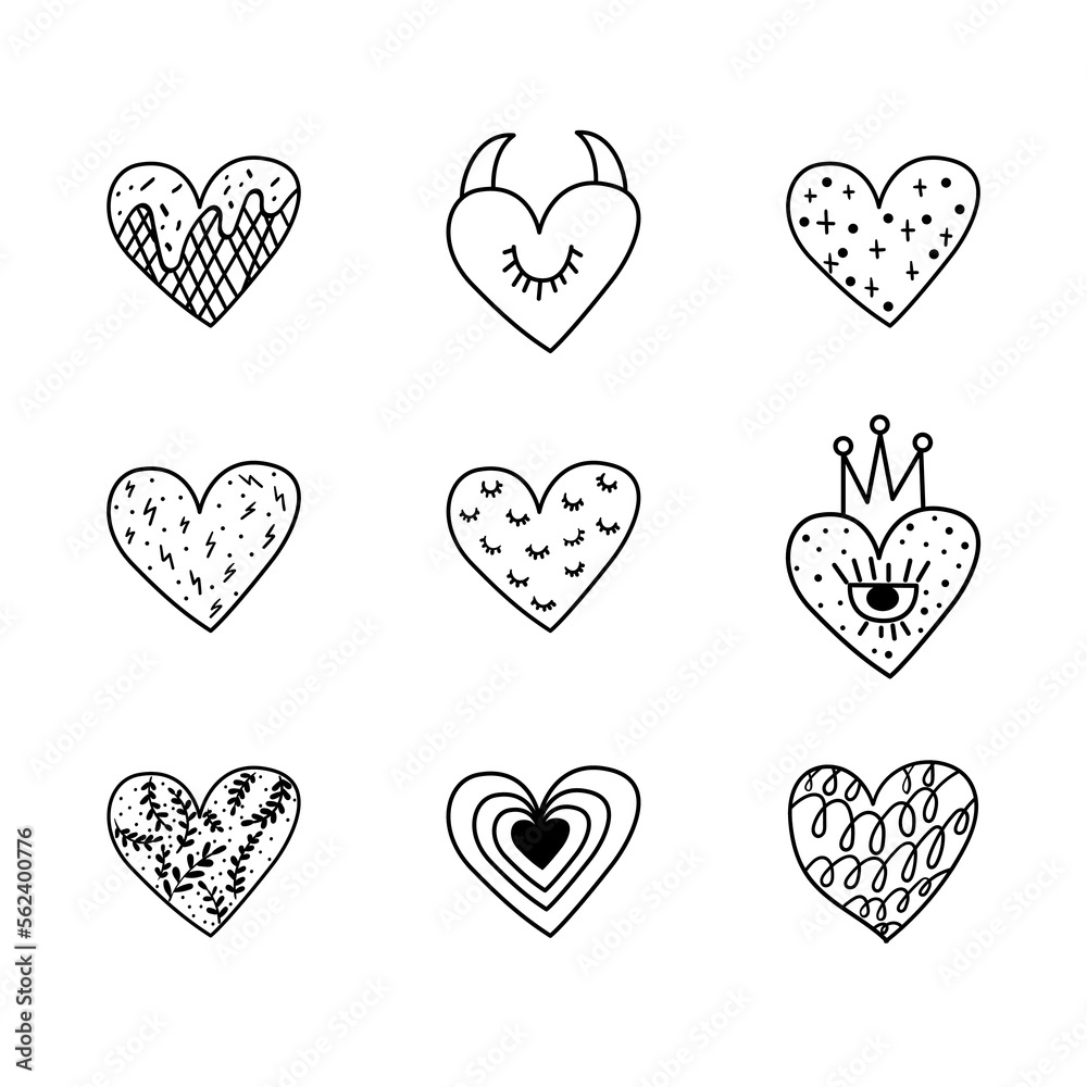 Valentine's day concept. Set of hearts with various patterns. Magical, botanical, character. Valentine's day concept. Set of hearts with various patterns. Magical, botanical, character.