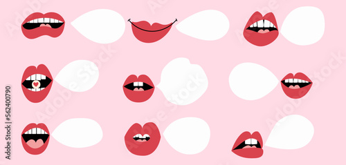 Valentine's day concept. Set of lips with various expressions. Empty speaking blobs. Copy space.