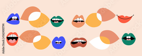 Set of lips with various expressions. Empty speaking blobs. Gossip, conversation, podcast, discussion.