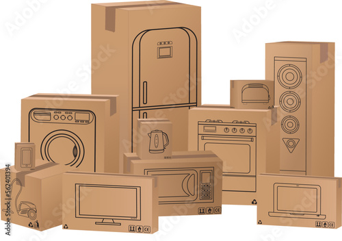 different appliance boxes set on ground delivery concept illustration on white
