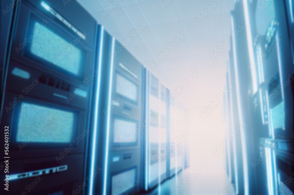Blurred background of a futuristic interior of a computer server room, data centre hall. Generative AI illustration. Blurred background of a futuristic interior of a computer server room, data centre hall. Generative AI illustration.
