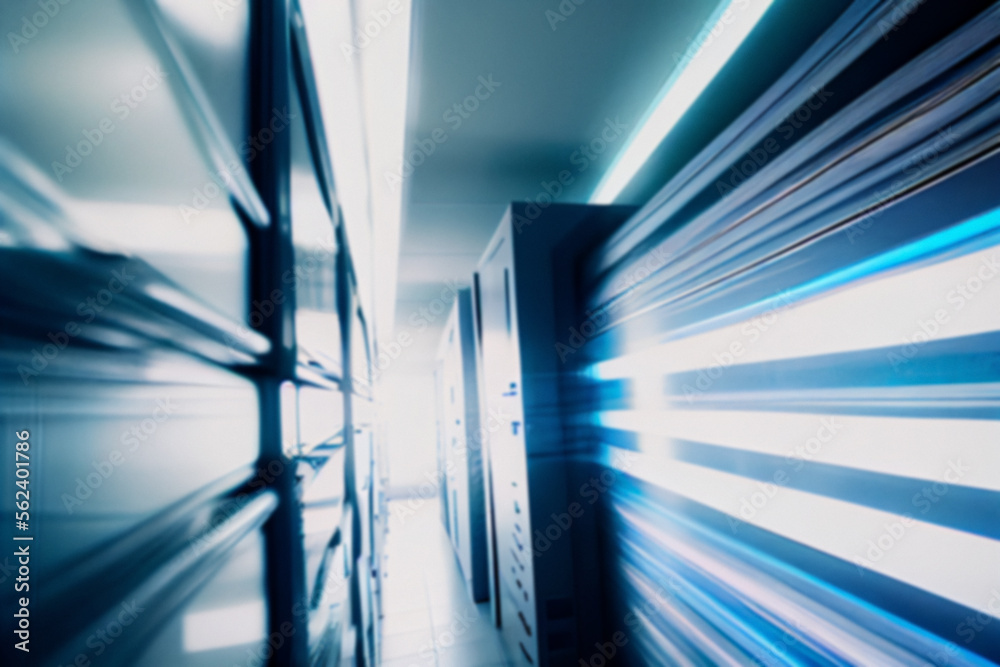Obraz premium Blurred background of a futuristic interior of a computer server room, data centre hall. Generative AI illustration.
