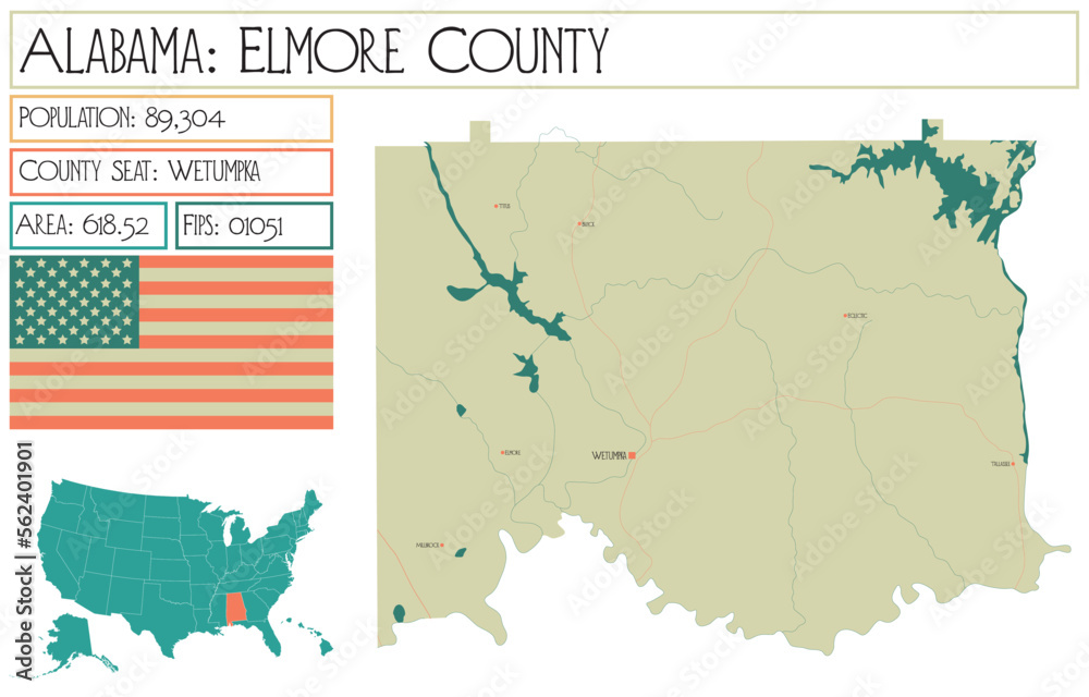 Large and detailed map of Elmore county in Alabama, USA.
