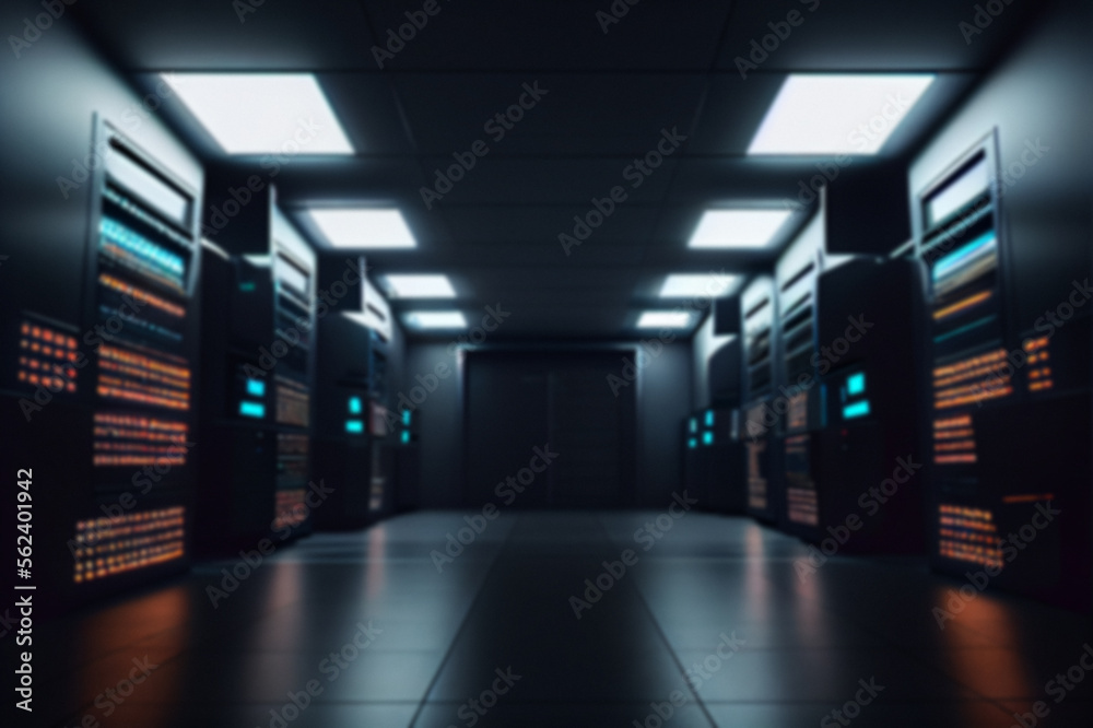 Blurred background of a futuristic interior of a computer server room, data centre hall. Generative AI illustration. Blurred background of a futuristic interior of a computer server room, data centre hall. Generative AI illustration.
