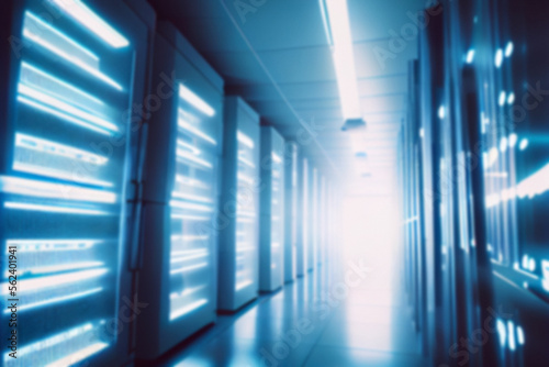 Blurred background of a futuristic interior of a computer server room  data centre hall. Generative AI illustration.
