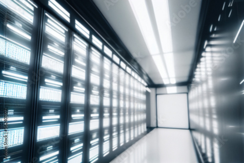 Blurred background of a futuristic interior of a computer server room, data centre hall. Generative AI illustration.